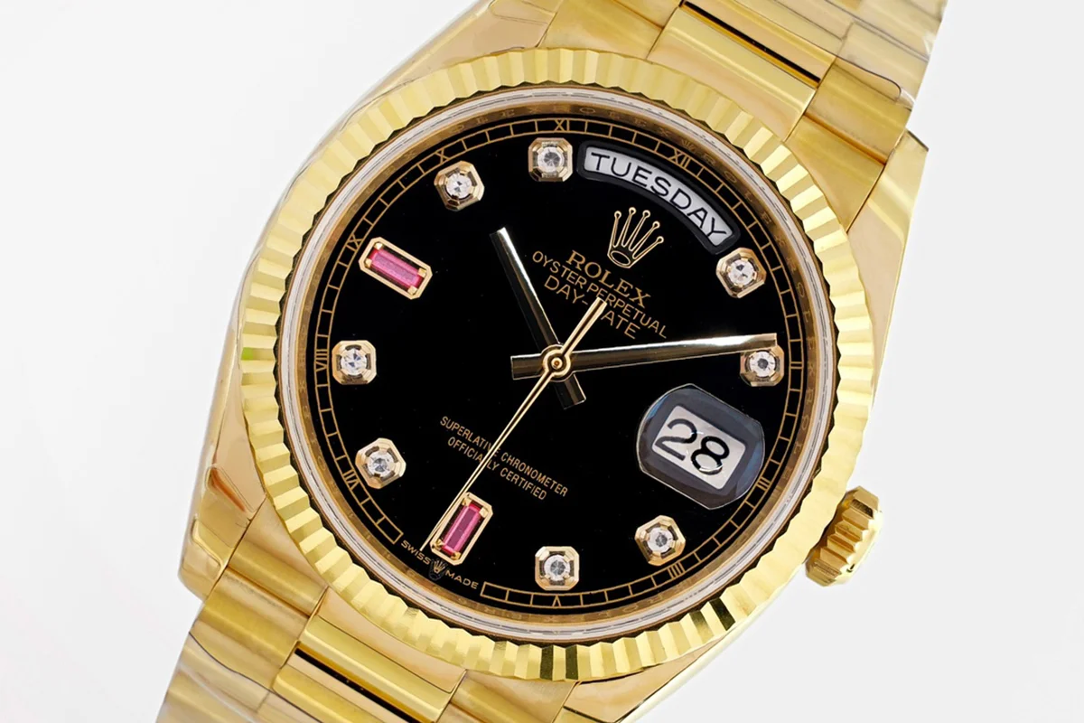 Daydate 36 128238 Black Dial in Yellow Gold