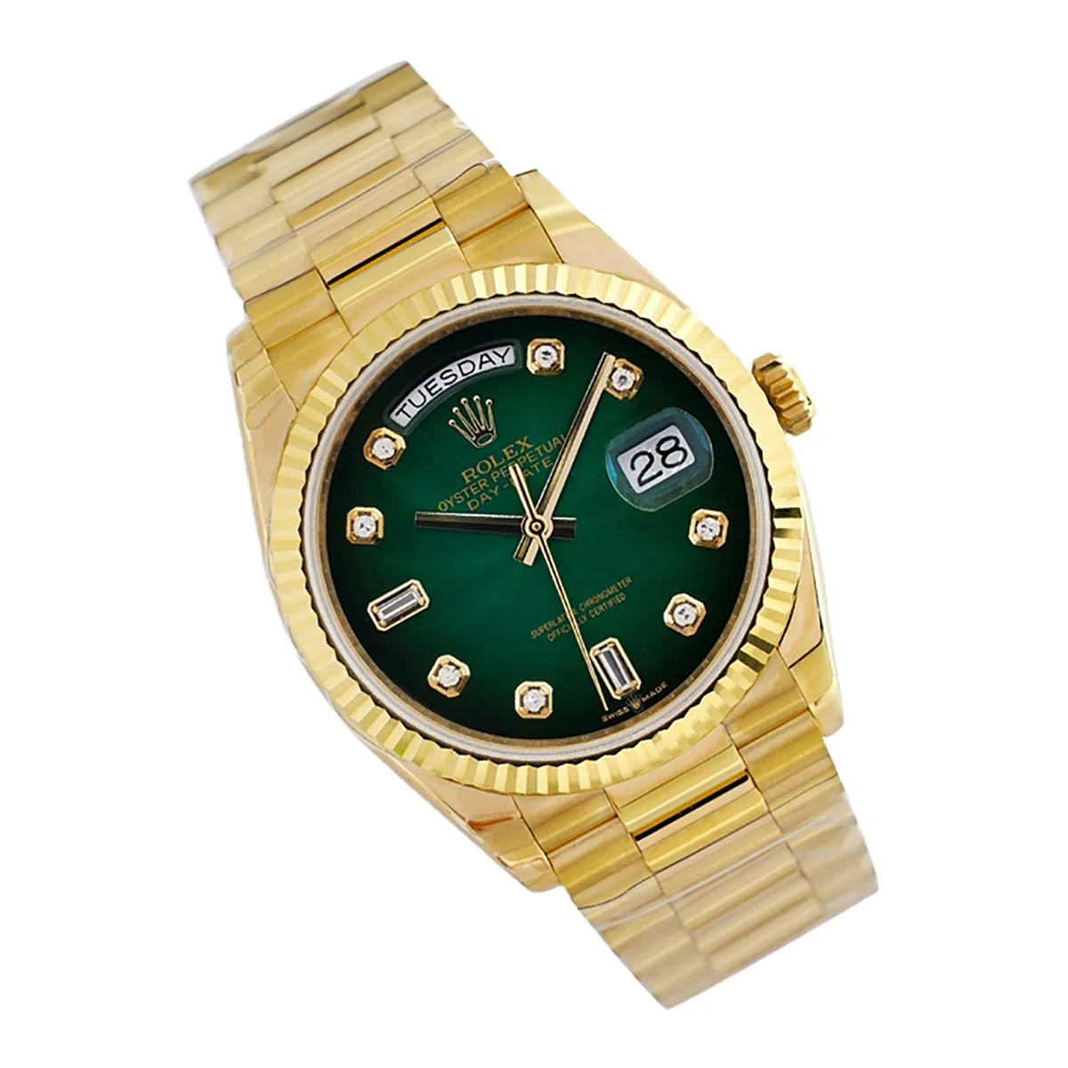 Daydate 36 128238 Green Dial with Diamond Markers in Yellow Gold