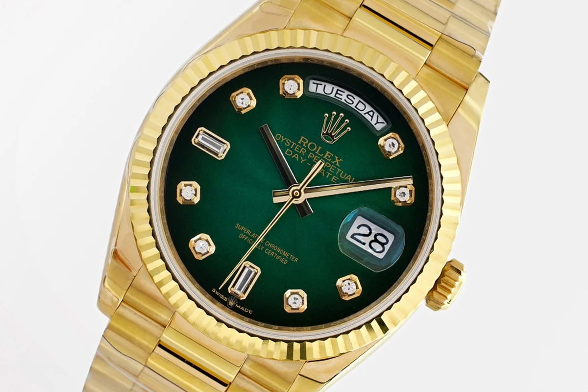 Daydate 36 128238 Green Dial with Diamond Markers in Yellow Gold