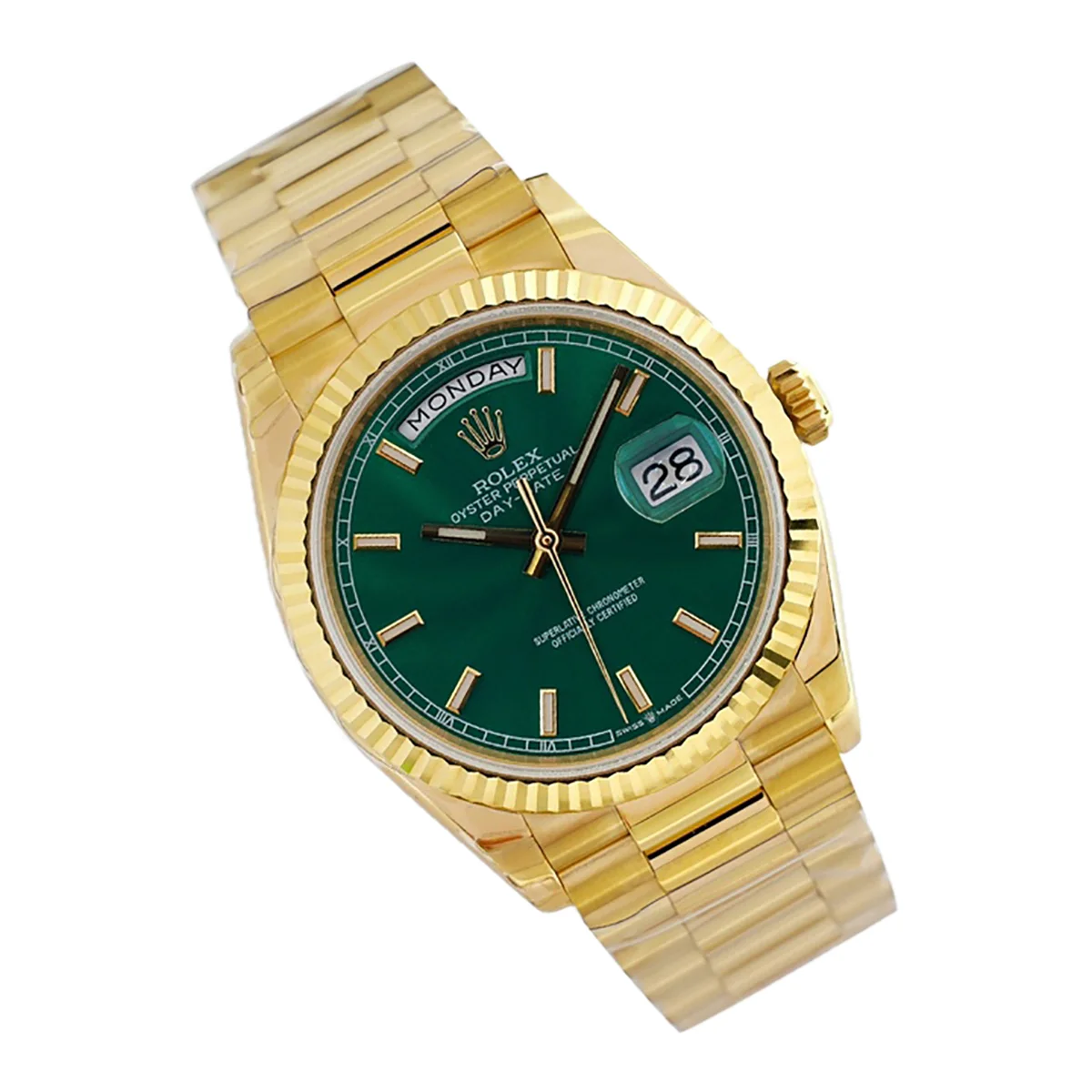 Daydate 36 128238 Green Dial with Sticker in Yellow Gold