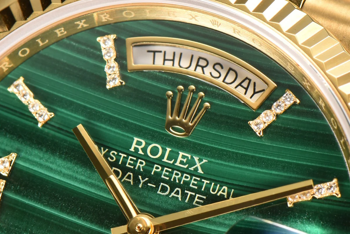 Daydate 36 128238 Malachite Diamond Roman Dial in Yellow Gold