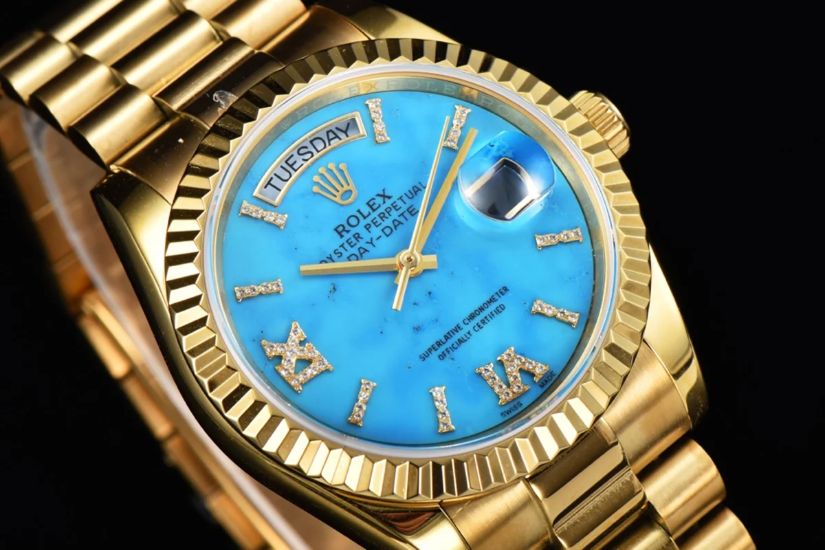 Daydate 36 128238 Turquoise Diamond Roman Dial in Yellow Gold