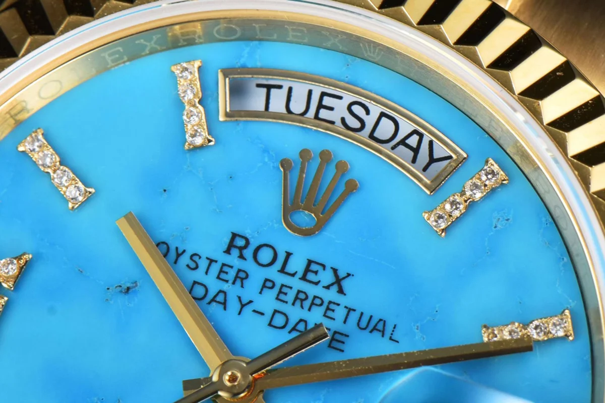 Daydate 36 128238 Turquoise Diamond Roman Dial in Yellow Gold