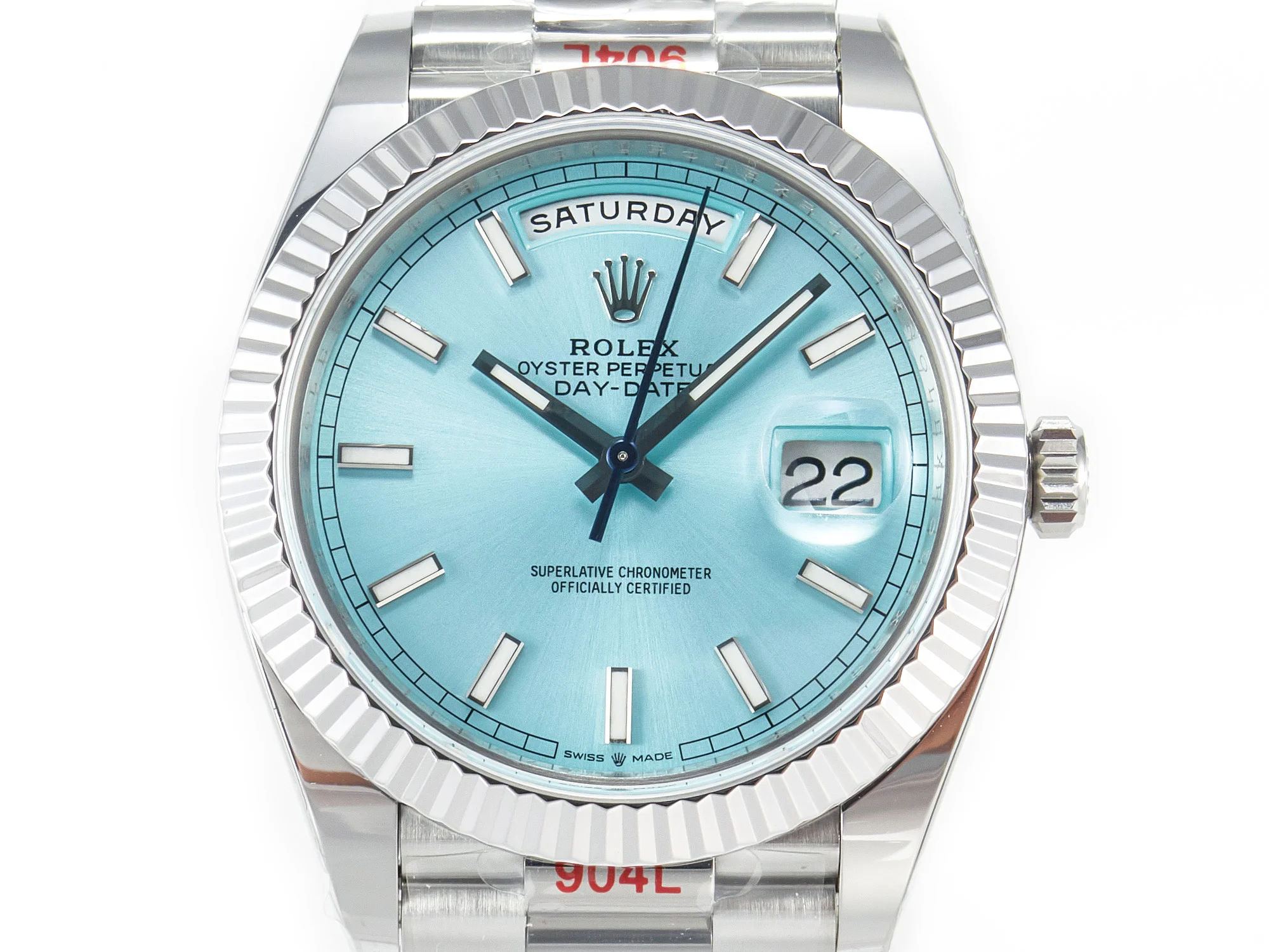 DayDate 40 228236 ARF 904L Steel Tiffany Blue Stick Dial on President Bracelet VR3255