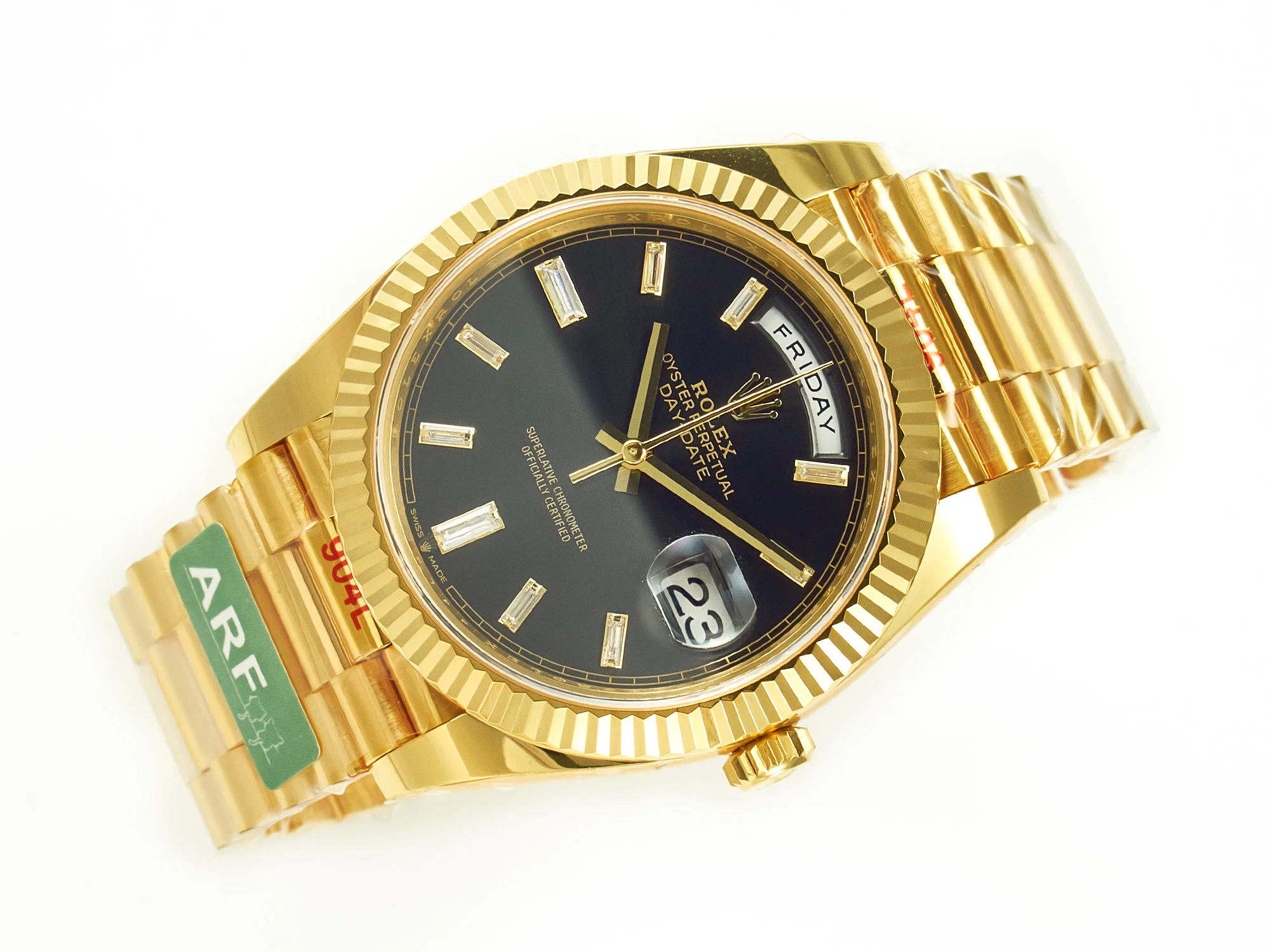 DayDate 40 228238 ARF 904L Steel Black Crystal Diamonds Bezel on President Bracelet VR3255