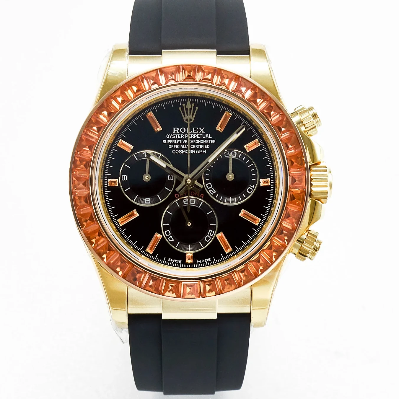 Daytona 116518 YG Orange Crystal Bezel N6F Best Edition Black Dial on Oysterflex Strap SA4130