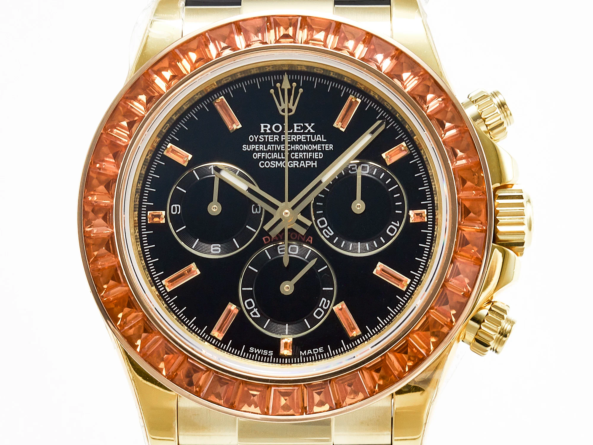 Daytona 116518 YG Orange Crystal Bezel N6F Best Edition Black Dial on Oysterflex Strap SA4130