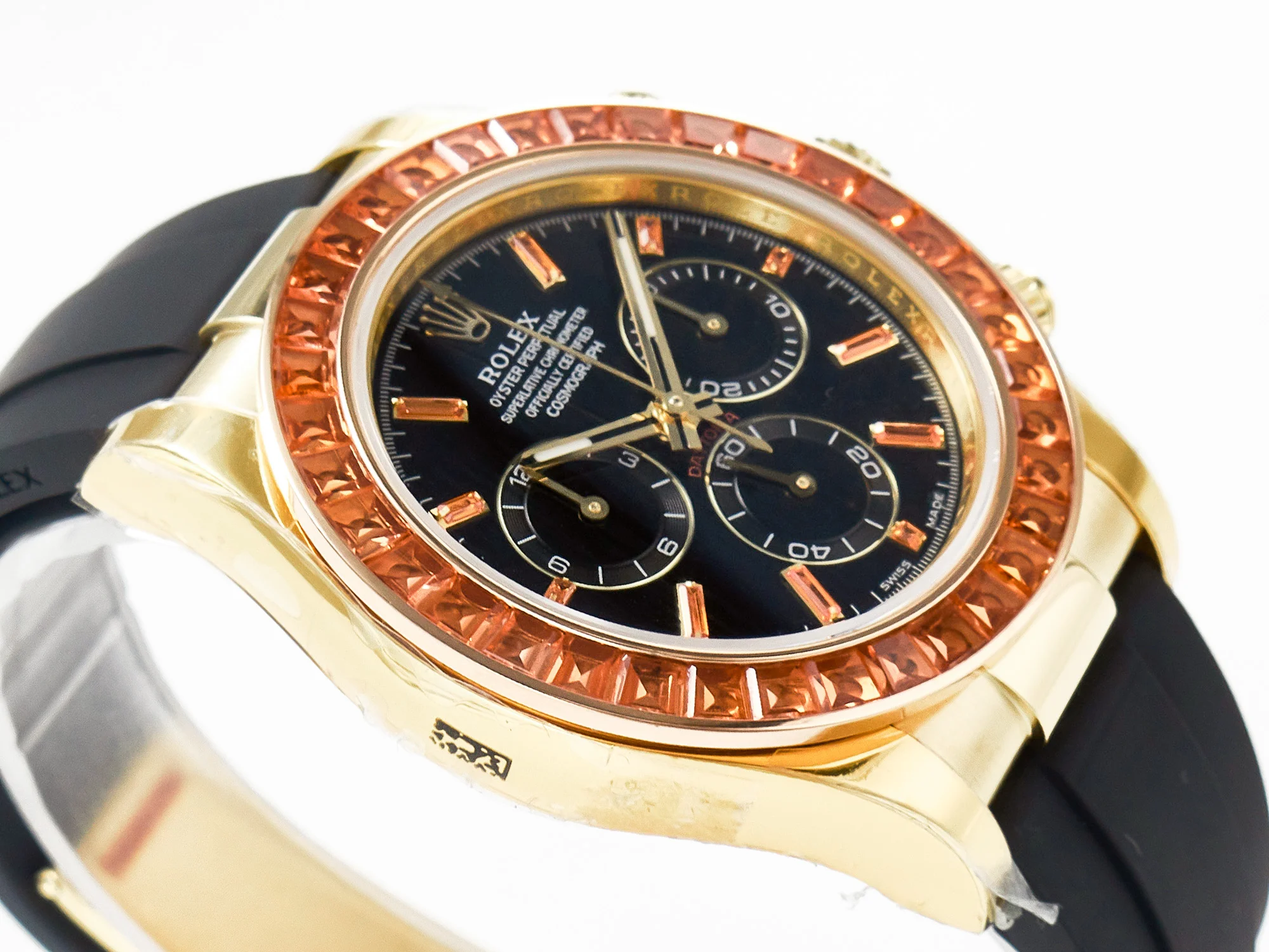 Daytona 116518 YG Orange Crystal Bezel N6F Best Edition Black Dial on Oysterflex Strap SA4130