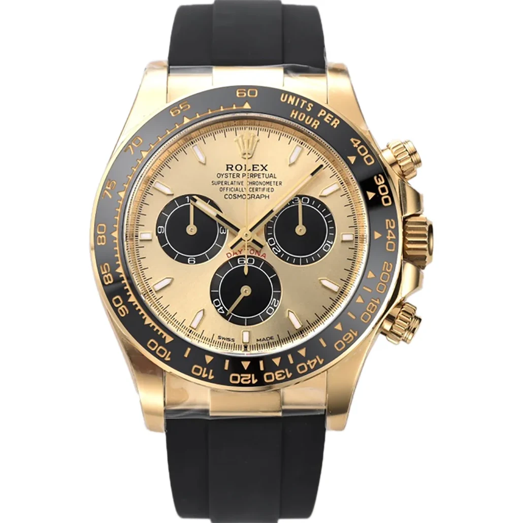 Daytona 126518LN Golden and Bright Black Dial in Yellow Gold on Rubber Strap