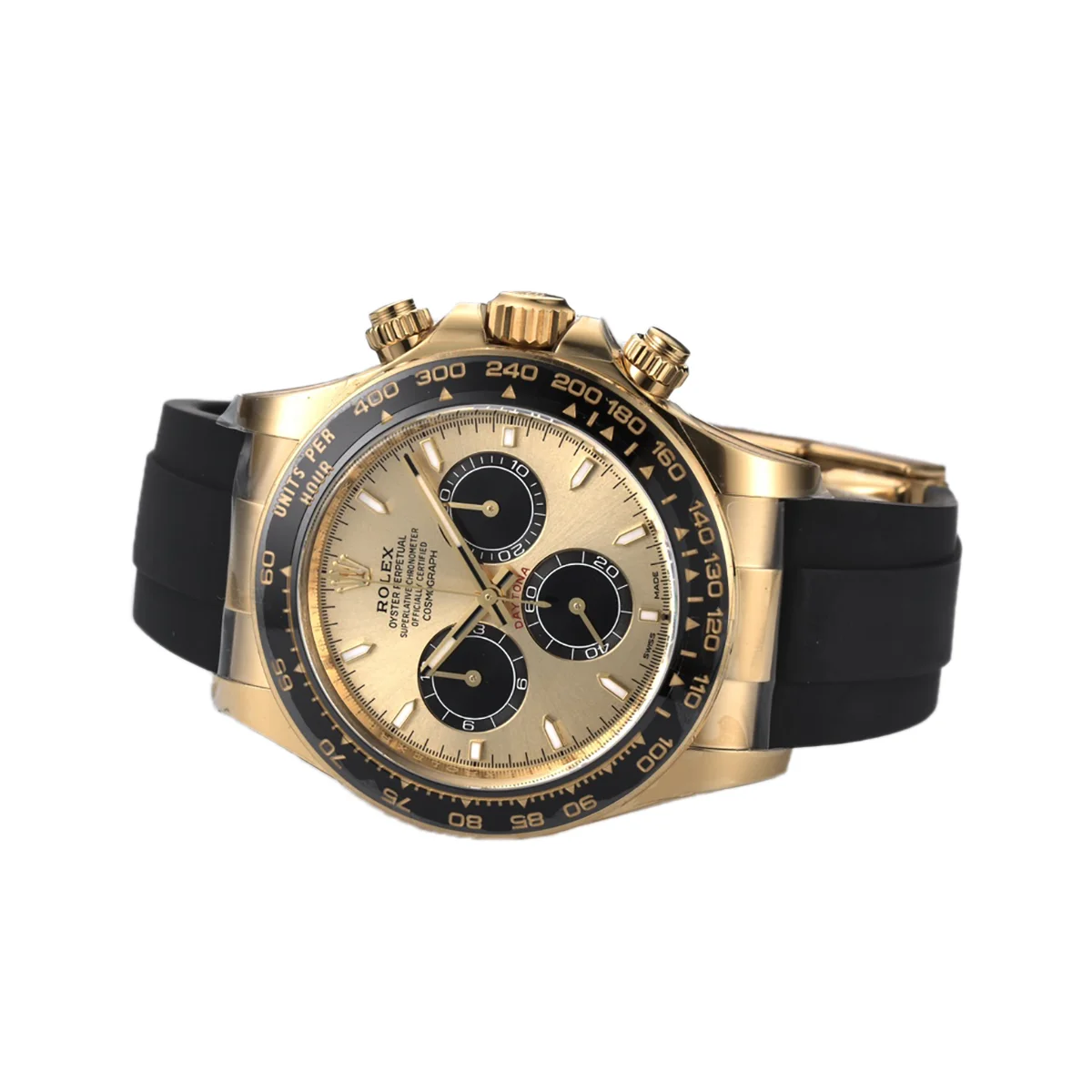 Daytona 126518LN Golden and Bright Black Dial in Yellow Gold on Rubber Strap