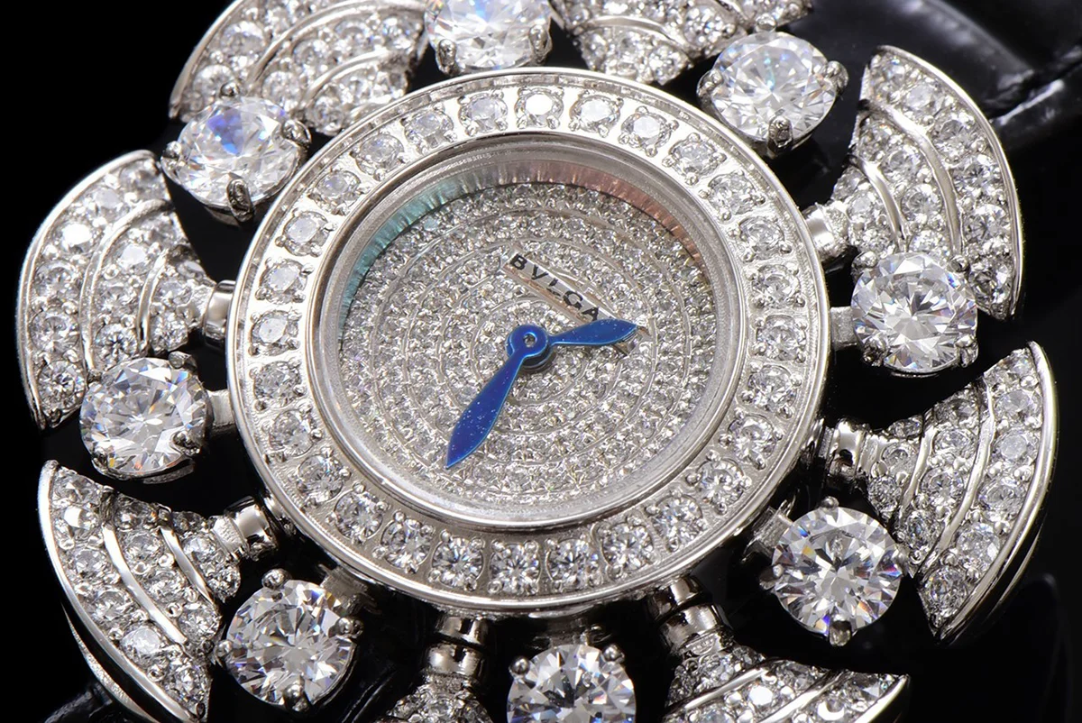 Diva’s Dream Jewellery Watch Diamond Paved Dial in White Dial on Black Leather Strap
