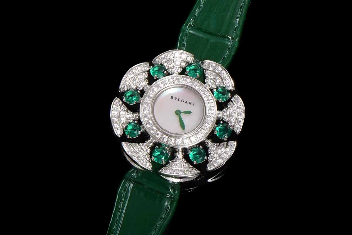 Diva’s Dream Jewellery Watch Diamond Paved Dial in White Gold on Green Leather Strap
