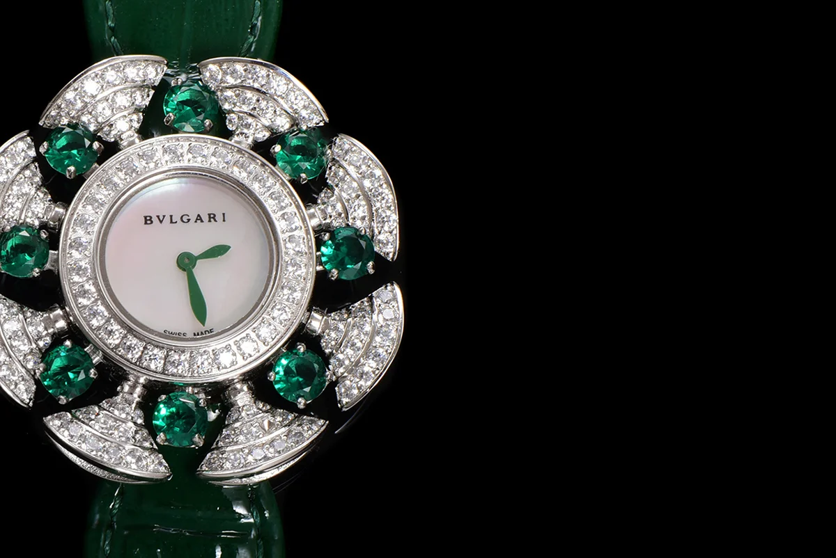 Diva’s Dream Jewellery Watch Diamond Paved Dial in White Gold on Green Leather Strap
