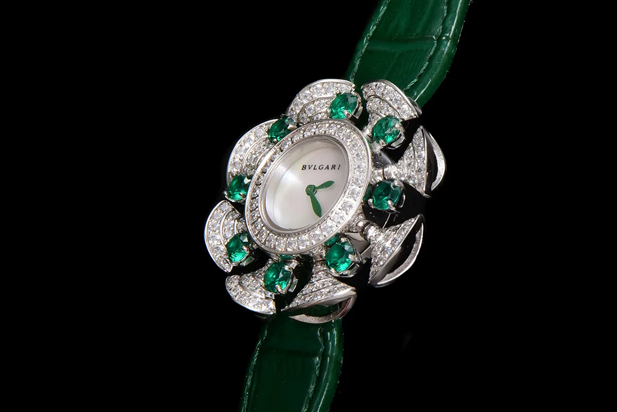 Diva’s Dream Jewellery Watch Diamond Paved Dial in White Gold on Green Leather Strap