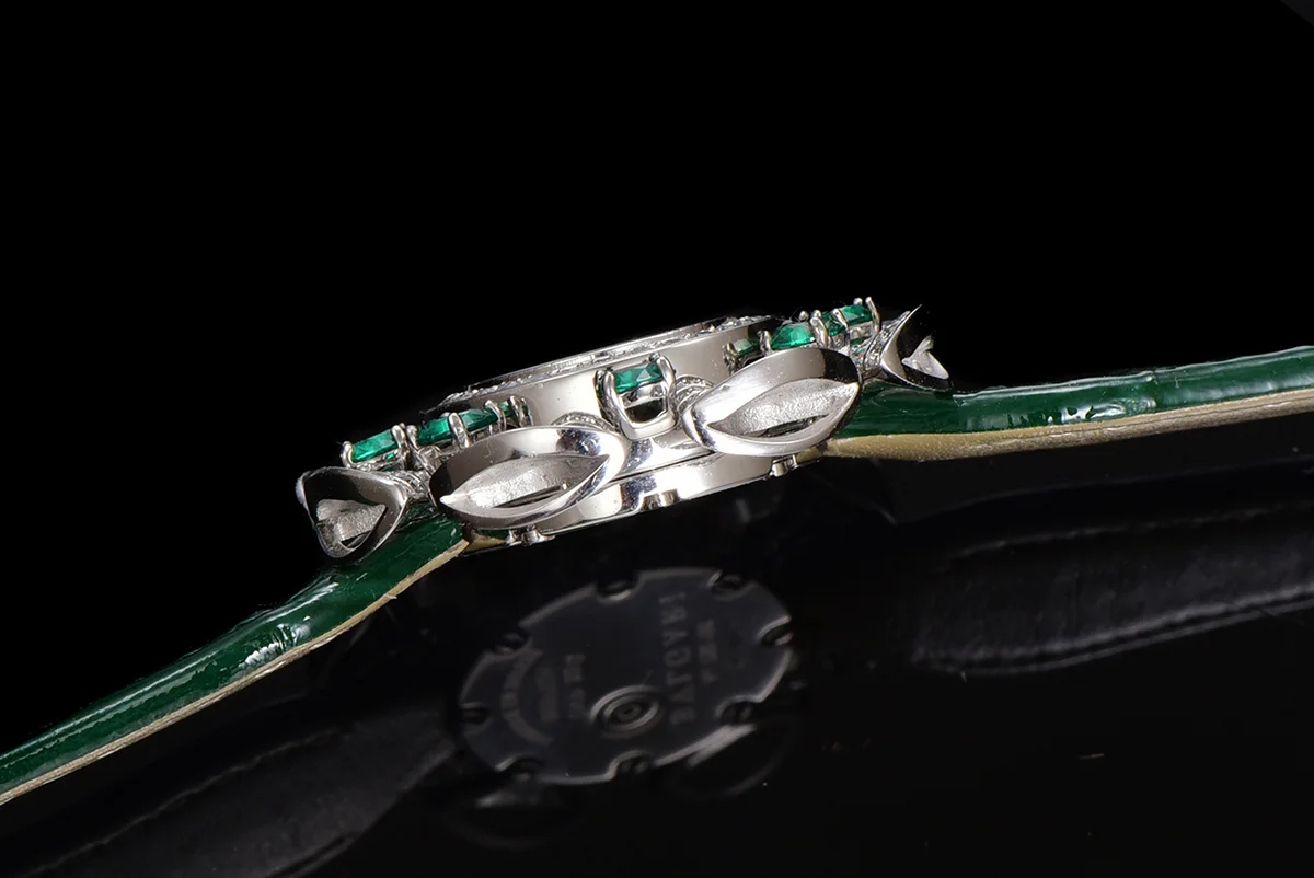 Diva’s Dream Jewellery Watch Diamond Paved Dial in White Gold on Green Leather Strap