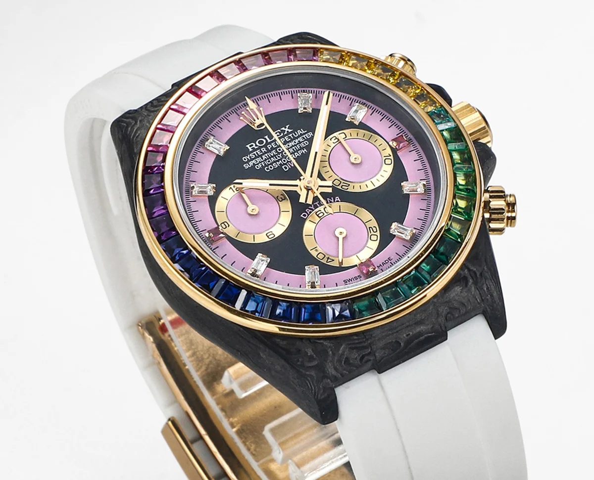 DIW Daytona Rainbow Pink Carbon in White Rubber Strap