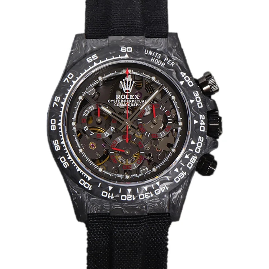 DIW Daytona Skeleton Dial in Carbon with Red Hands on Black Nylon Strap