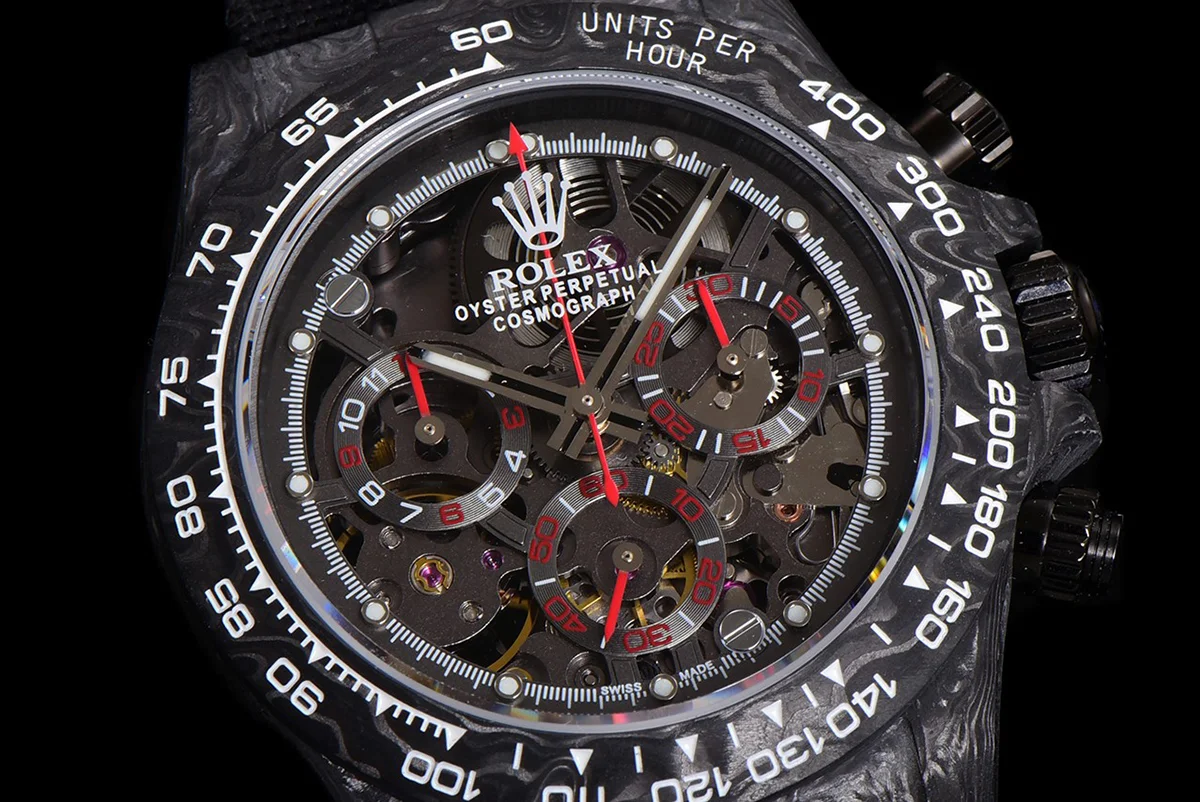 DIW Daytona Skeleton Dial in Carbon with Red Hands on Black Nylon Strap