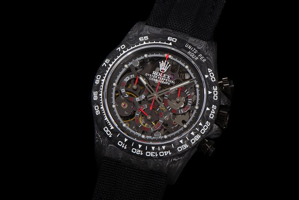 DIW Daytona Skeleton Dial in Carbon with Red Hands on Black Nylon Strap