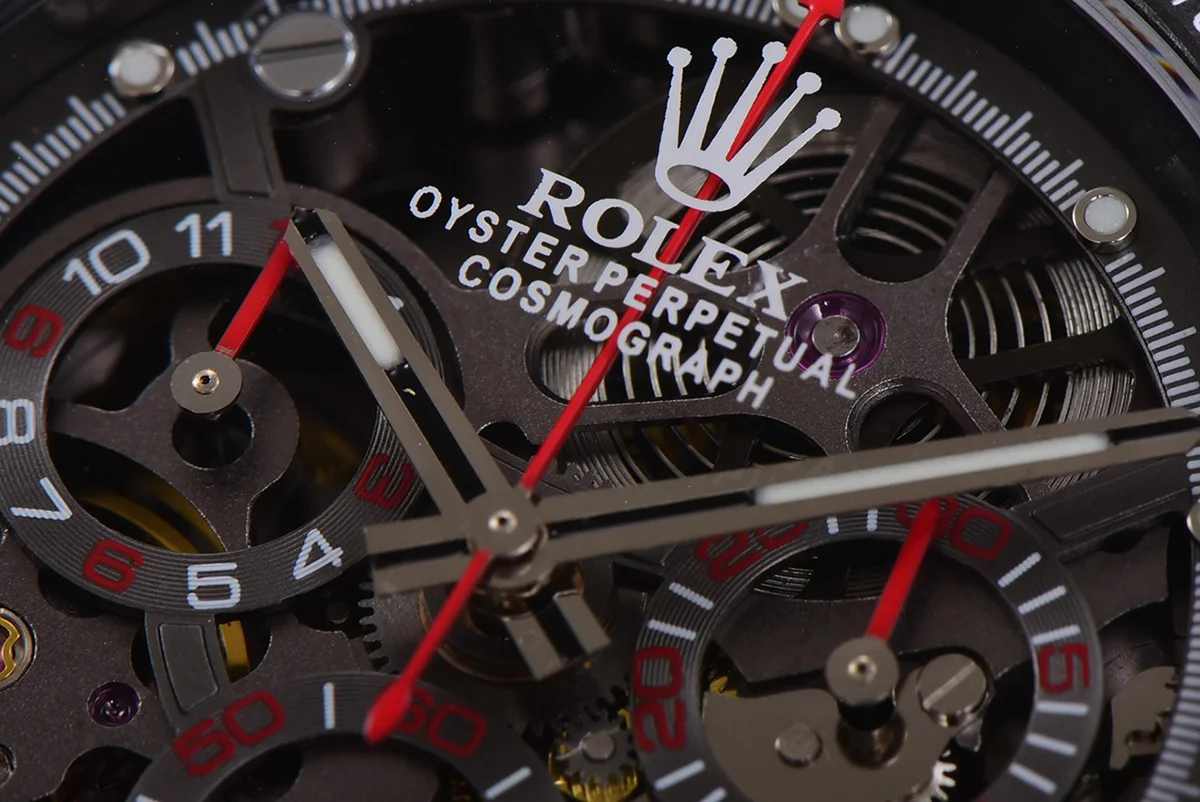 DIW Daytona Skeleton Dial in Carbon with Red Hands on Black Nylon Strap