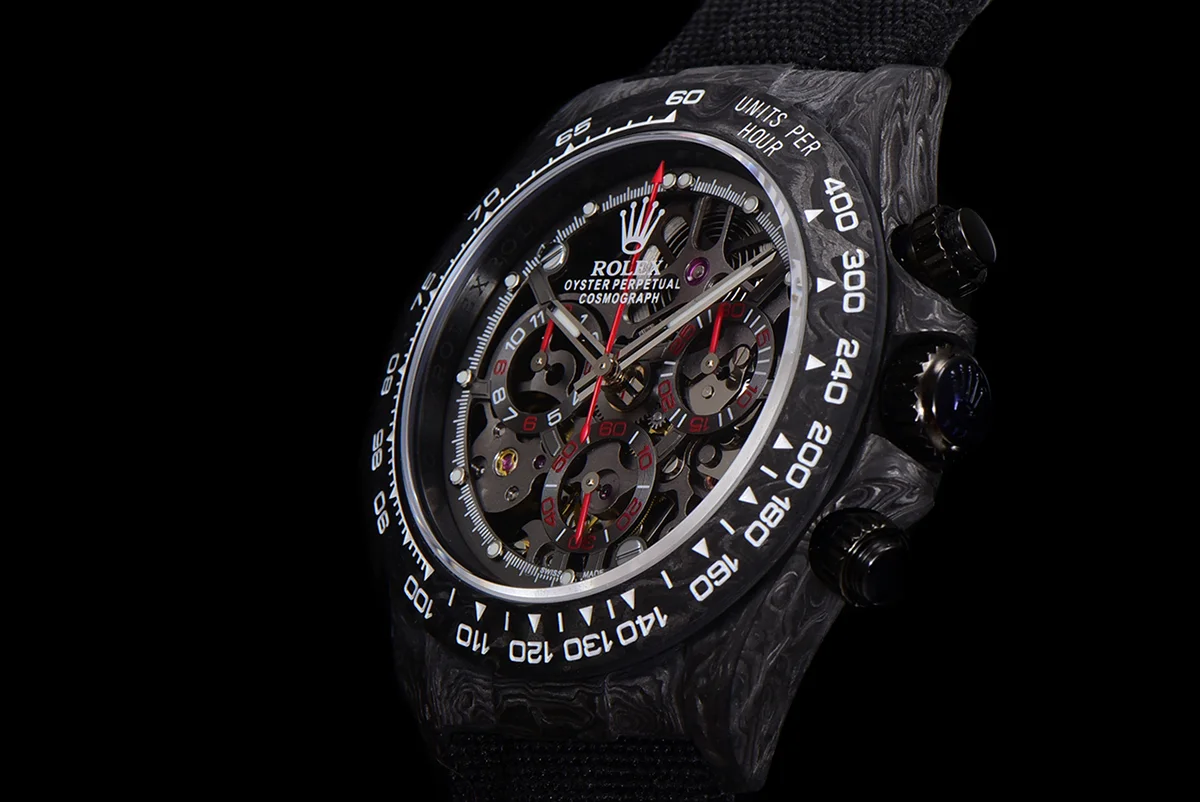 DIW Daytona Skeleton Dial in Carbon with Red Hands on Black Nylon Strap