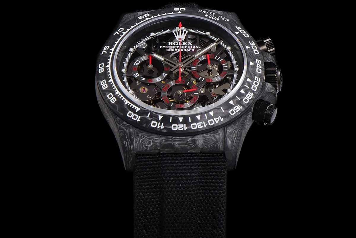 DIW Daytona Skeleton Dial in Carbon with Red Hands on Black Nylon Strap
