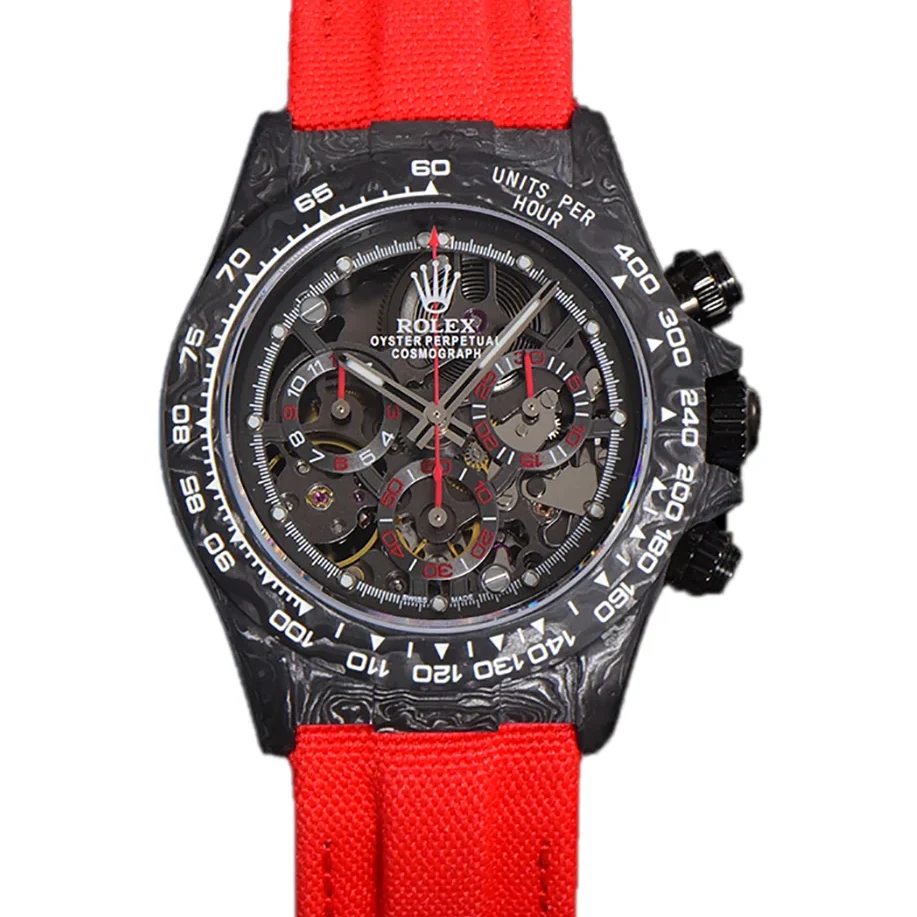 DIW Daytona Skeleton Dial in Carbon with Red Hands on Red Nylon Strap