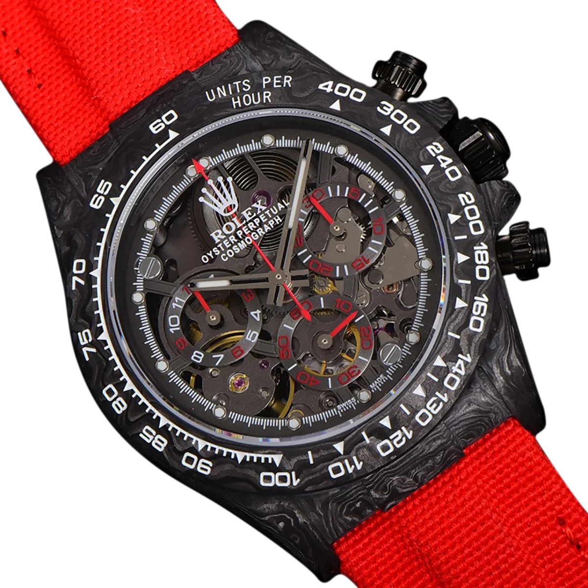 DIW Daytona Skeleton Dial in Carbon with Red Hands on Red Nylon Strap