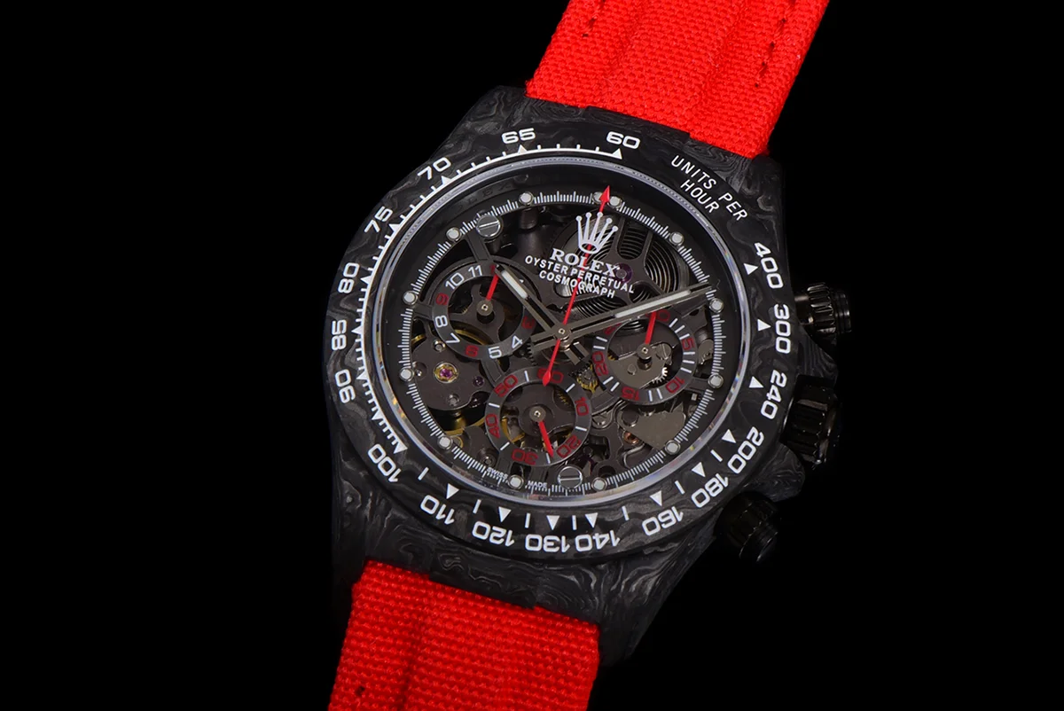 DIW Daytona Skeleton Dial in Carbon with Red Hands on Red Nylon Strap