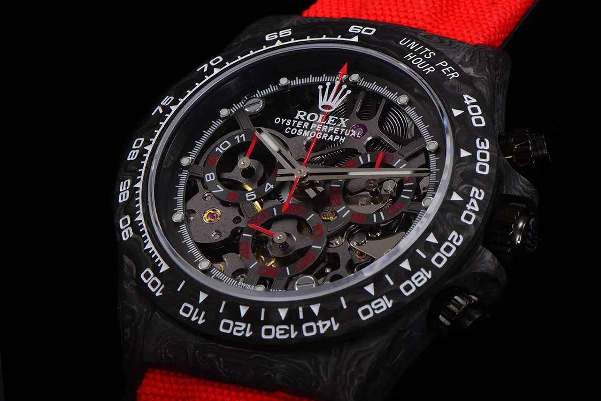DIW Daytona Skeleton Dial in Carbon with Red Hands on Red Nylon Strap