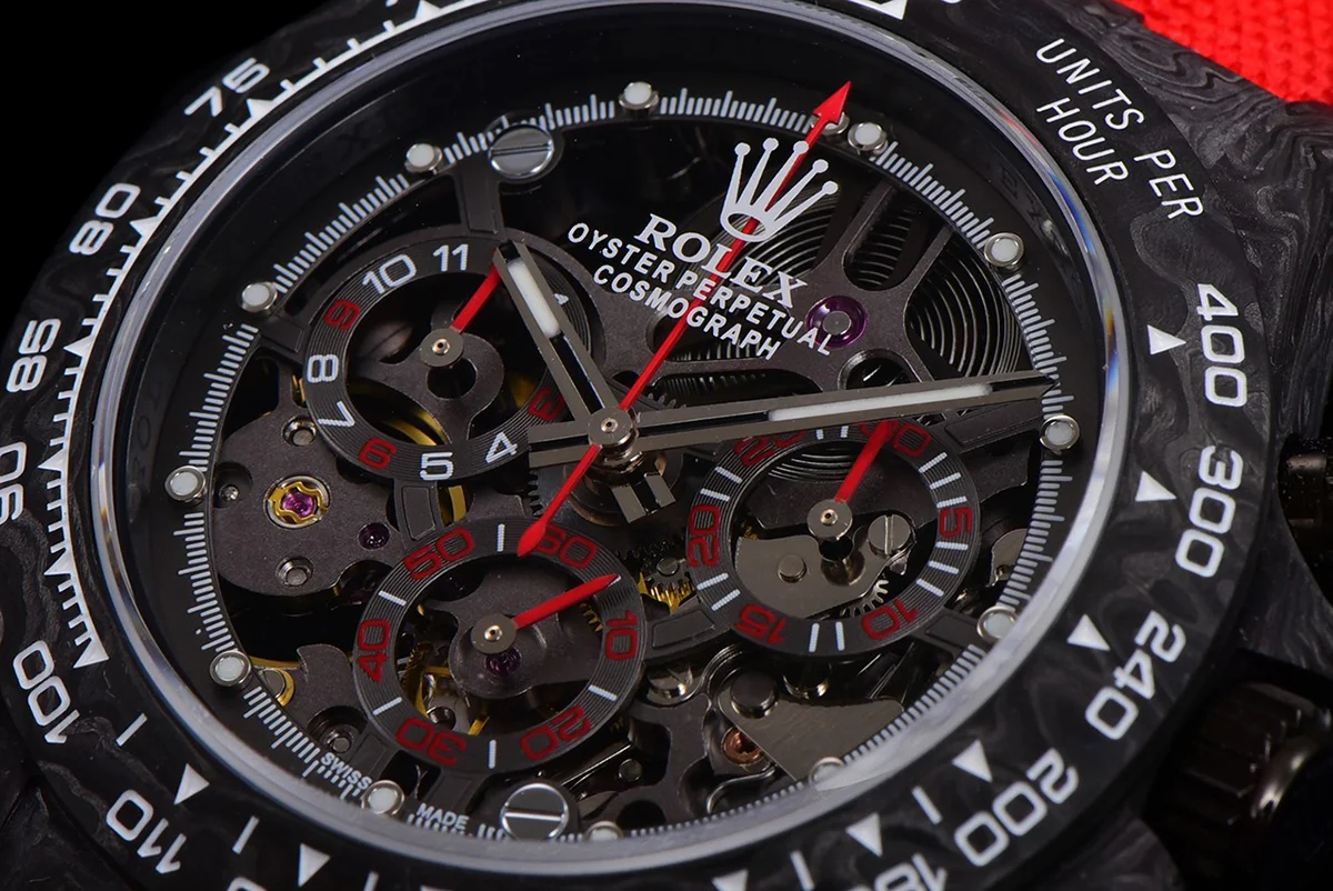 DIW Daytona Skeleton Dial in Carbon with Red Hands on Red Nylon Strap
