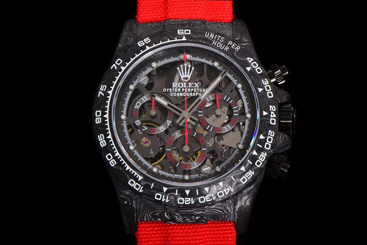 DIW Daytona Skeleton Dial in Carbon with Red Hands on Red Nylon Strap
