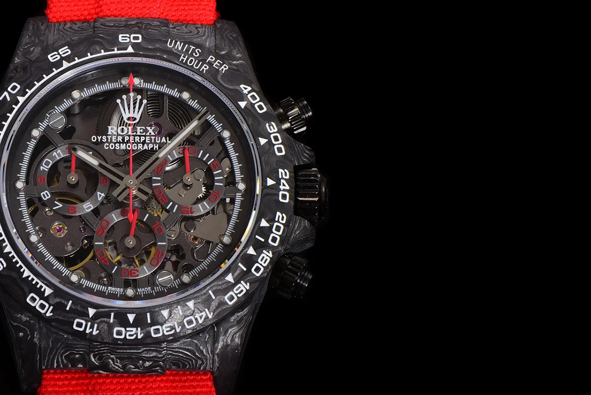 DIW Daytona Skeleton Dial in Carbon with Red Hands on Red Nylon Strap