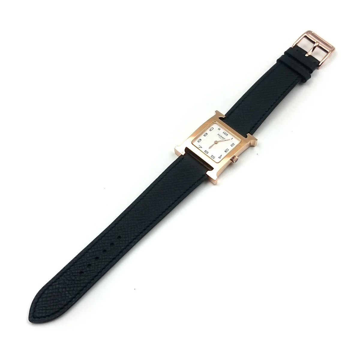 Heure H Rose Gold on Black Epsom Leather Strap