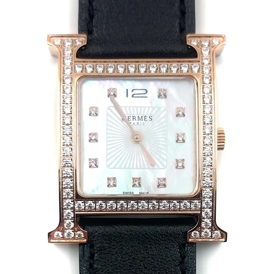 Heure H Rose Gold with Diamond Bezel and Markers on Black Fjord Leather Strap