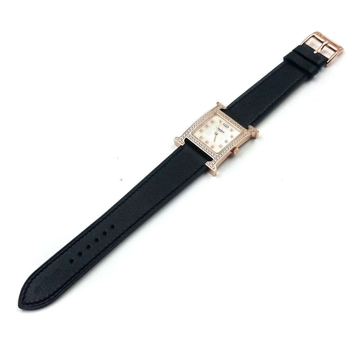 Heure H Rose Gold with Diamond Bezel and Markers on Black Fjord Leather Strap