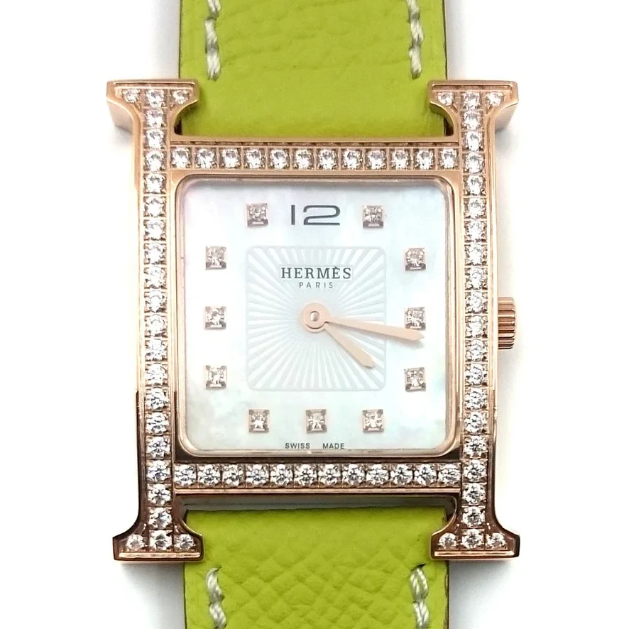 Heure H Rose Gold with Diamond Bezel and Markers on Green Epsom Leather Strap