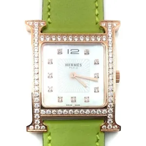 Heure H Rose Gold with Diamond Bezel and Markers on Green Fjord Leather Strap