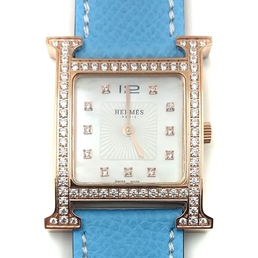 Heure H Rose Gold with Diamond Bezel and Markers on Light Blue Epsom Leather Strap