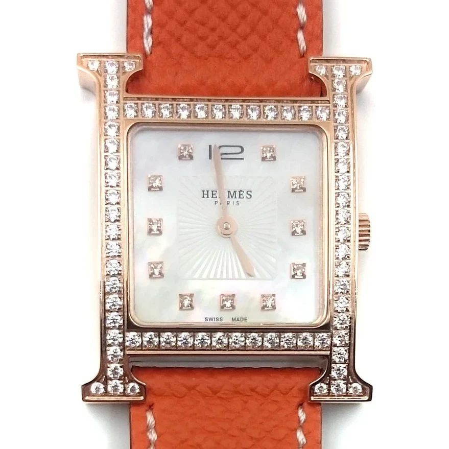 Heure H Rose Gold with Diamond Bezel and Markers on Orange Epsom Leather Strap