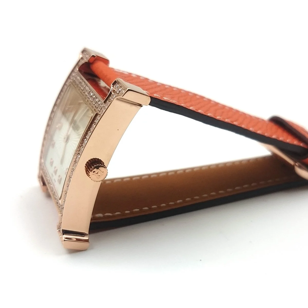 Heure H Rose Gold with Diamond Bezel and Markers on Orange Epsom Leather Strap