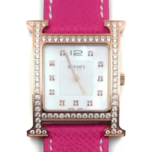 Heure H Rose Gold with Diamond Bezel and Markers on Pink Epsom Leather Strap