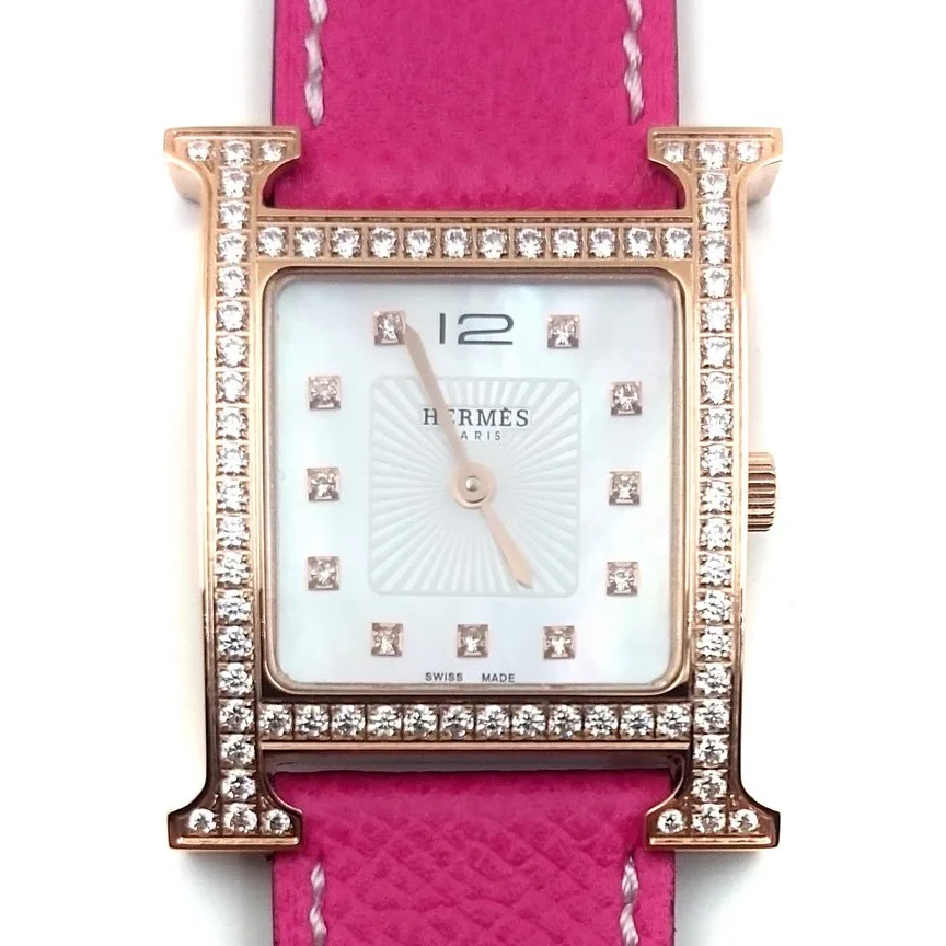 Heure H Rose Gold with Diamond Bezel and Markers on Pink Epsom Leather Strap
