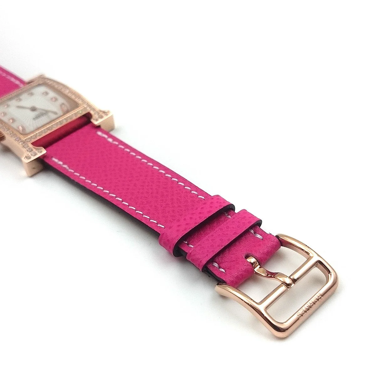 Heure H Rose Gold with Diamond Bezel and Markers on Pink Epsom Leather Strap