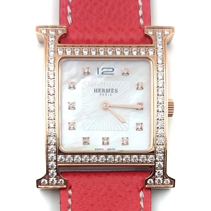 Heure H Rose Gold with Diamond Bezel and Markers on Vermilion Epsom Leather Strap