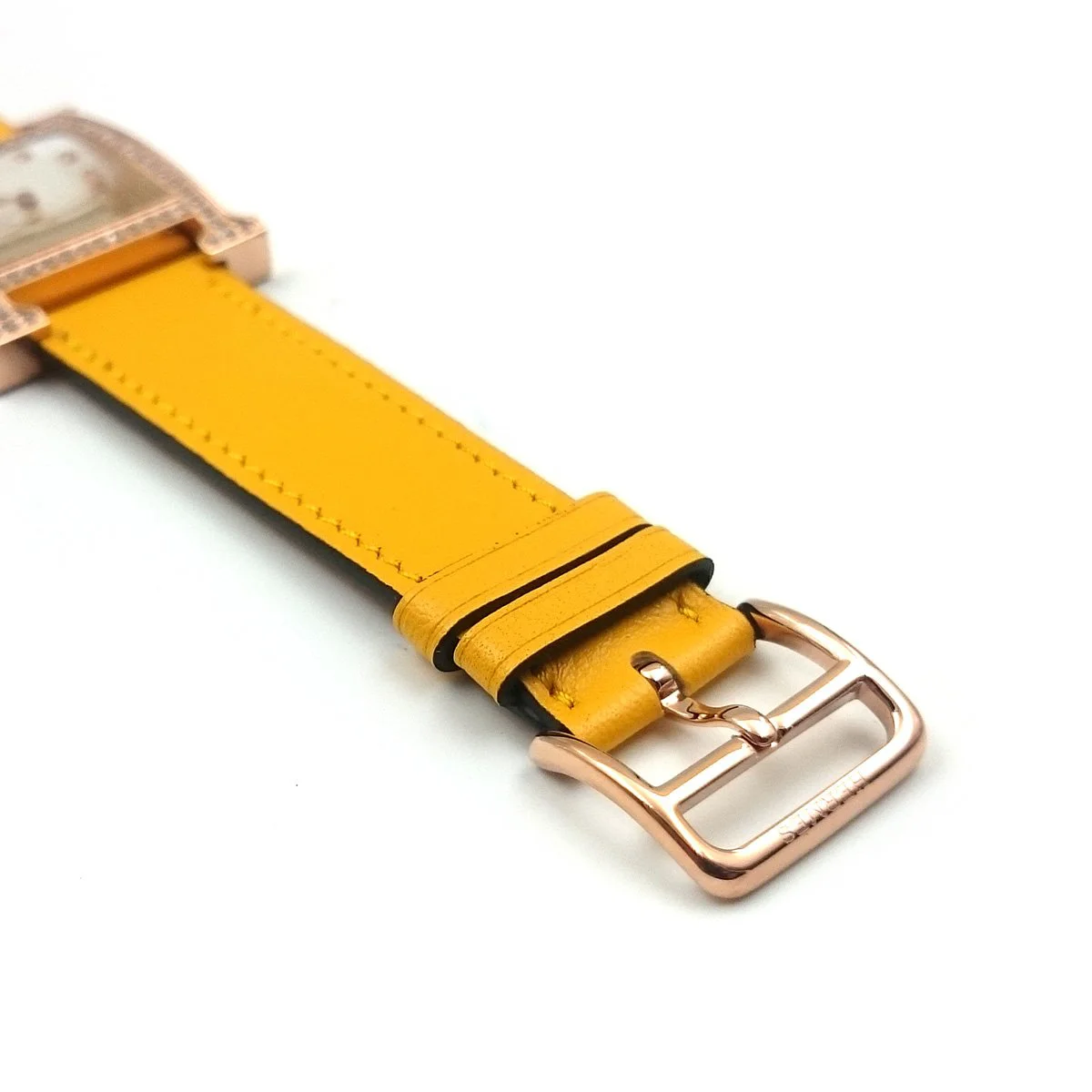 Heure H Rose Gold with Diamond Bezel and Markers on Yellow Fjord Leather Strap