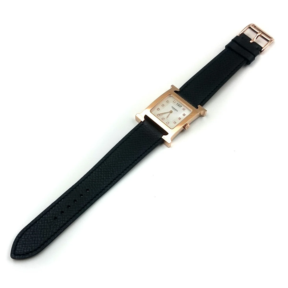 Heure H Rose Gold with Diamond Markers on Black Epsom Leather Strap