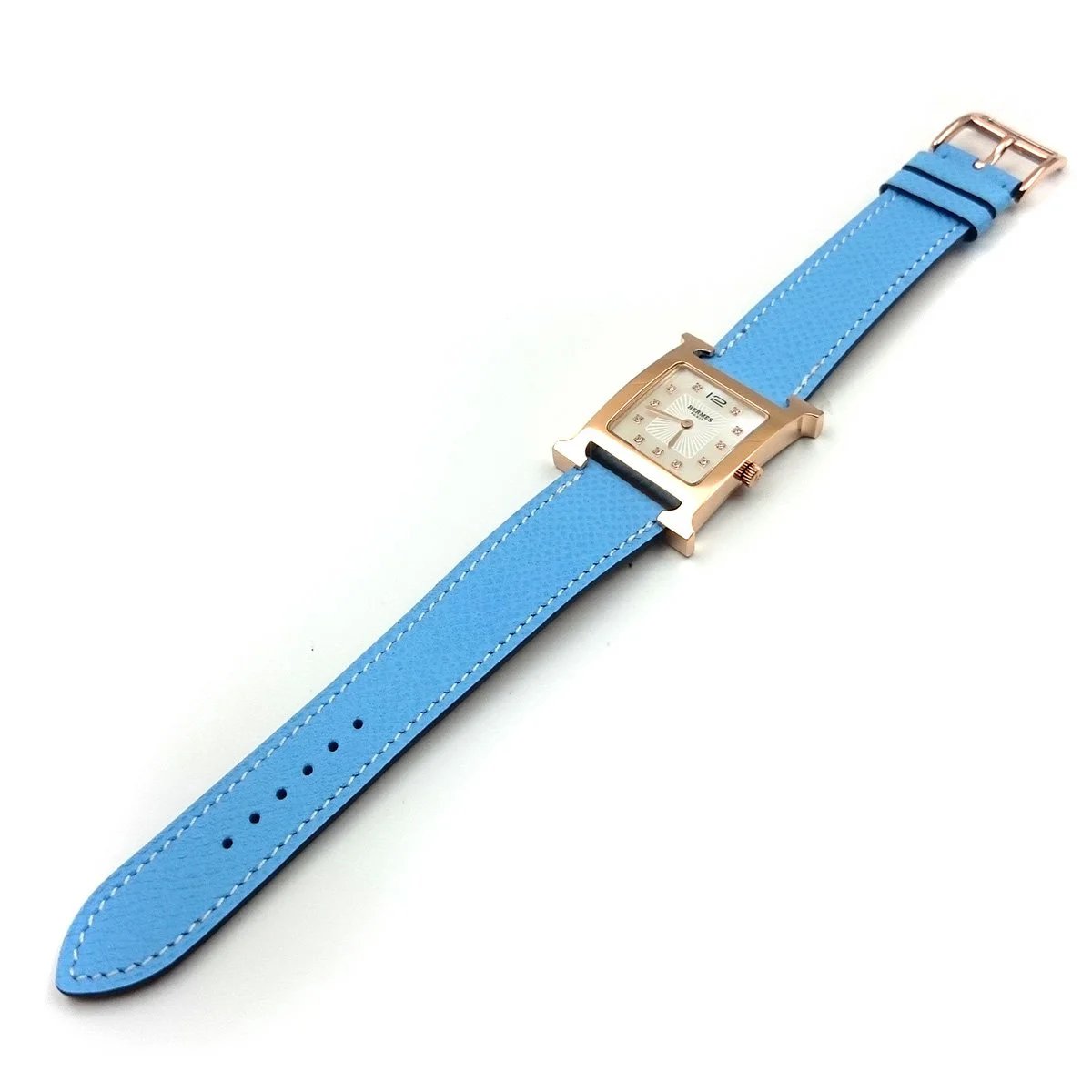 Heure H Rose Gold with Diamond Markers on Light Blue Epsom Leather Strap