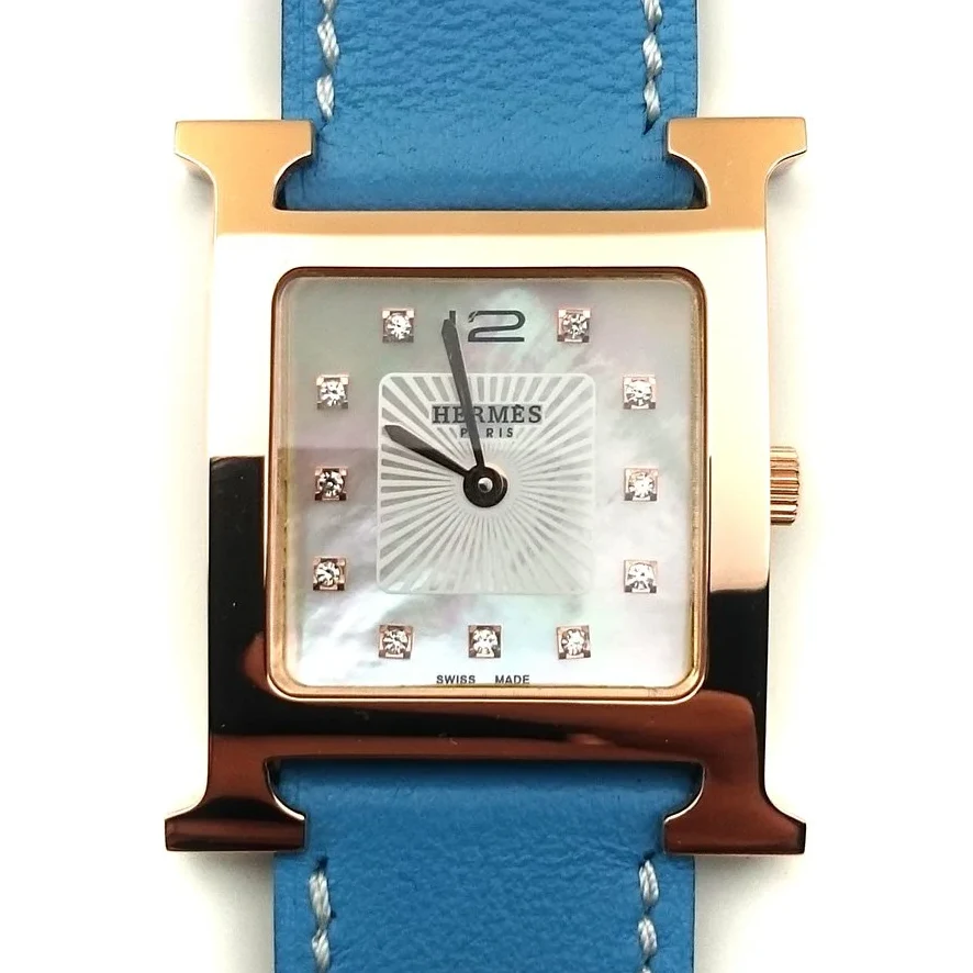 Heure H Rose Gold with Diamond Markers on Light Blue Fjord Leather Strap