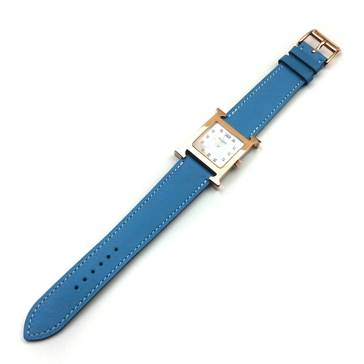 Heure H Rose Gold with Diamond Markers on Light Blue Fjord Leather Strap